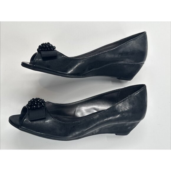 Wedge Peep Toe Shoes Womens 7.5 Black Bling Bow Wedge Heel Slip On Utah - Picture 3 of 11